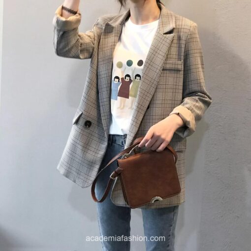 Academia Chic Vintage Double Breasted Plaid Blazer