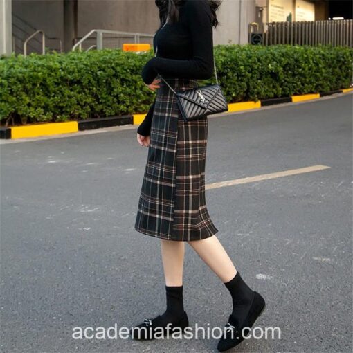 Academia High Waist Midi Long Wool Plaid Skirt