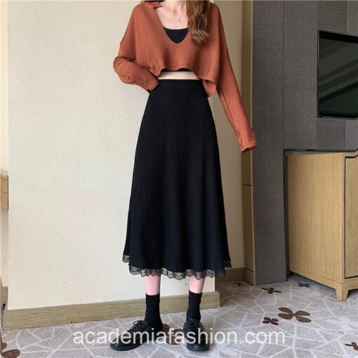 Classical Dark Academia  A-Line Lace Long Midi Skirt