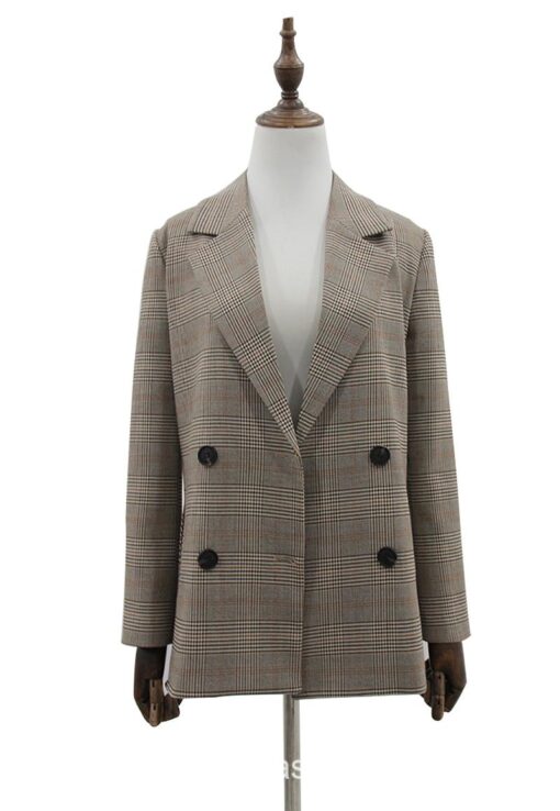 Classical Notched Collar Plaid Double Breasted Blazer