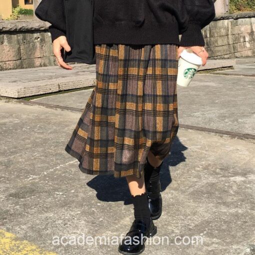 Dark Academia Grace Wool Pleated Plaid Midi Skirt