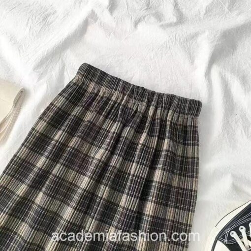 Dark Academia Grace Wool Pleated Plaid Midi Skirt