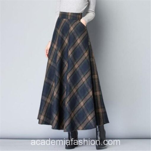 Dark Academia High Waist Woolen Plaid Maxi Skirt