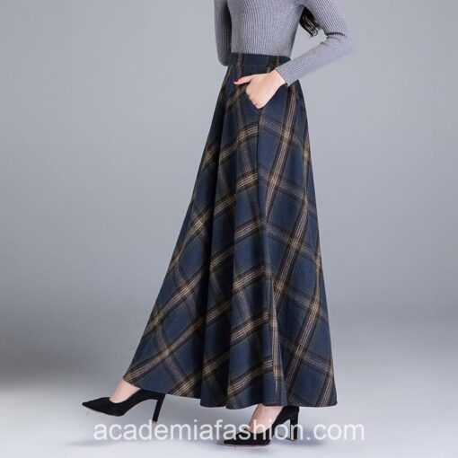 Dark Academia High Waist Woolen Plaid Maxi Skirt