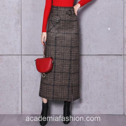 Elegant Retro Hight Waist Woolen Long Plaid Skirt