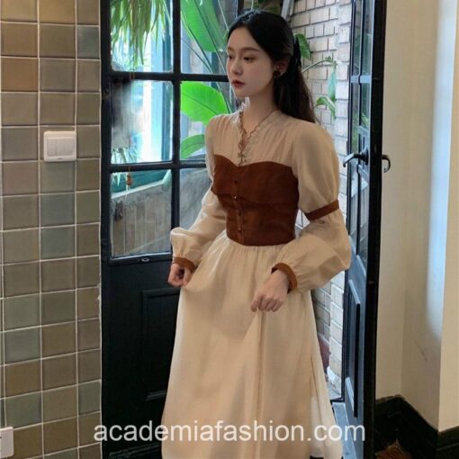 Enigmatic Gothic Academia V-neck Long Sleeve One-piece Midi Dress