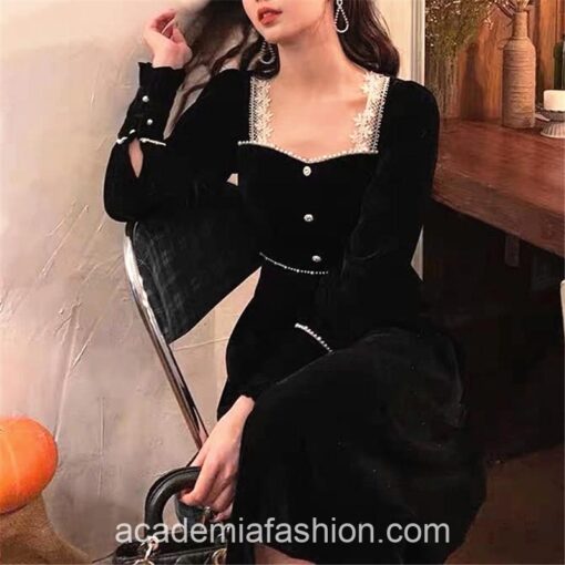 Gothic Academia Classical Black Velvet Dress Long Sleeve