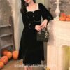Gothic Academia Classical Black Velvet Dress Long Sleeve