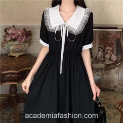 Retro Gothic Academia Vintage Short Sleeve Midi Dress