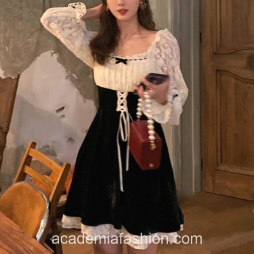 Vintage Gothic Academia Lace Slim One Piece Dress